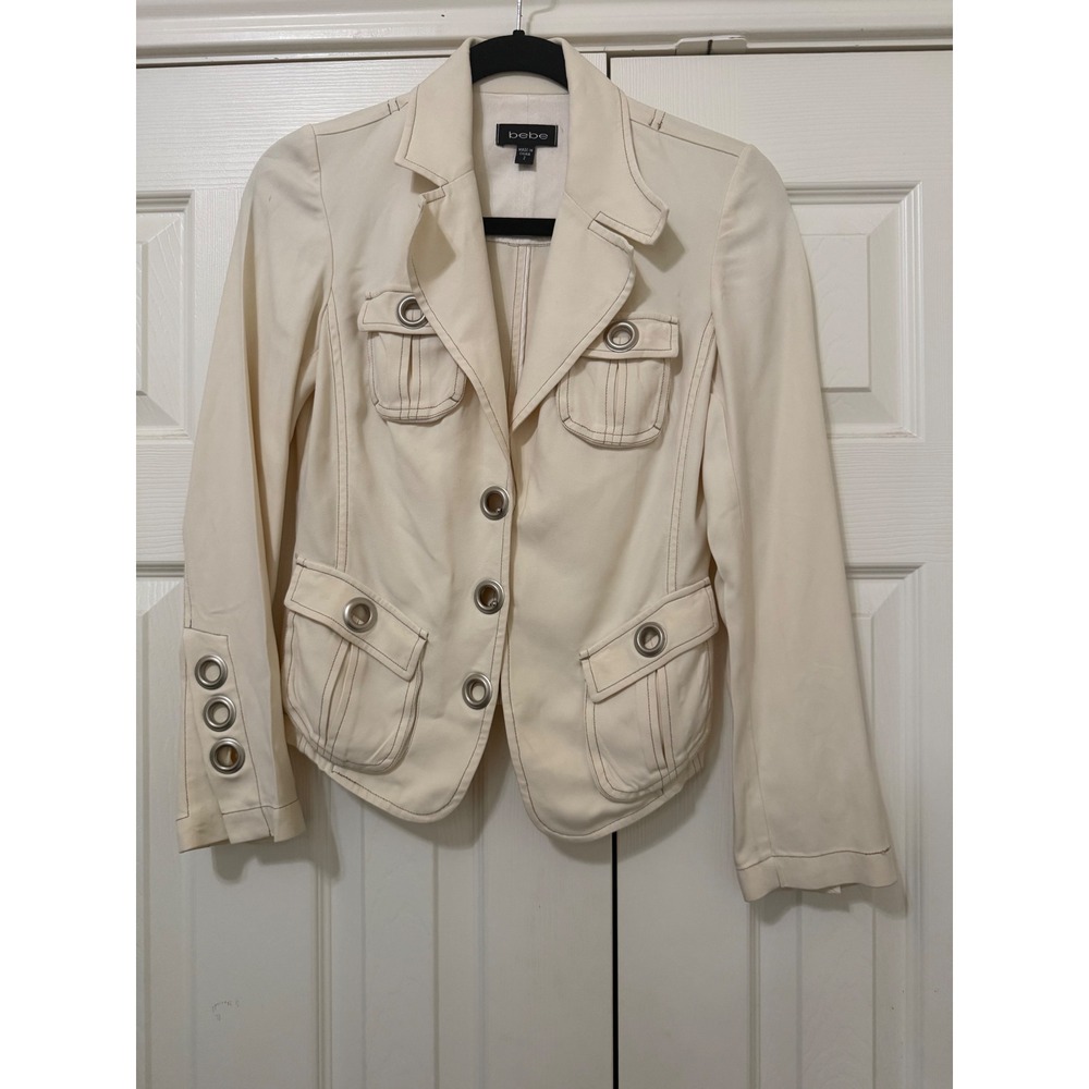 Bebe Cream Utility Blazer Grommet Detail Contrast Stitch Jacket Size 2